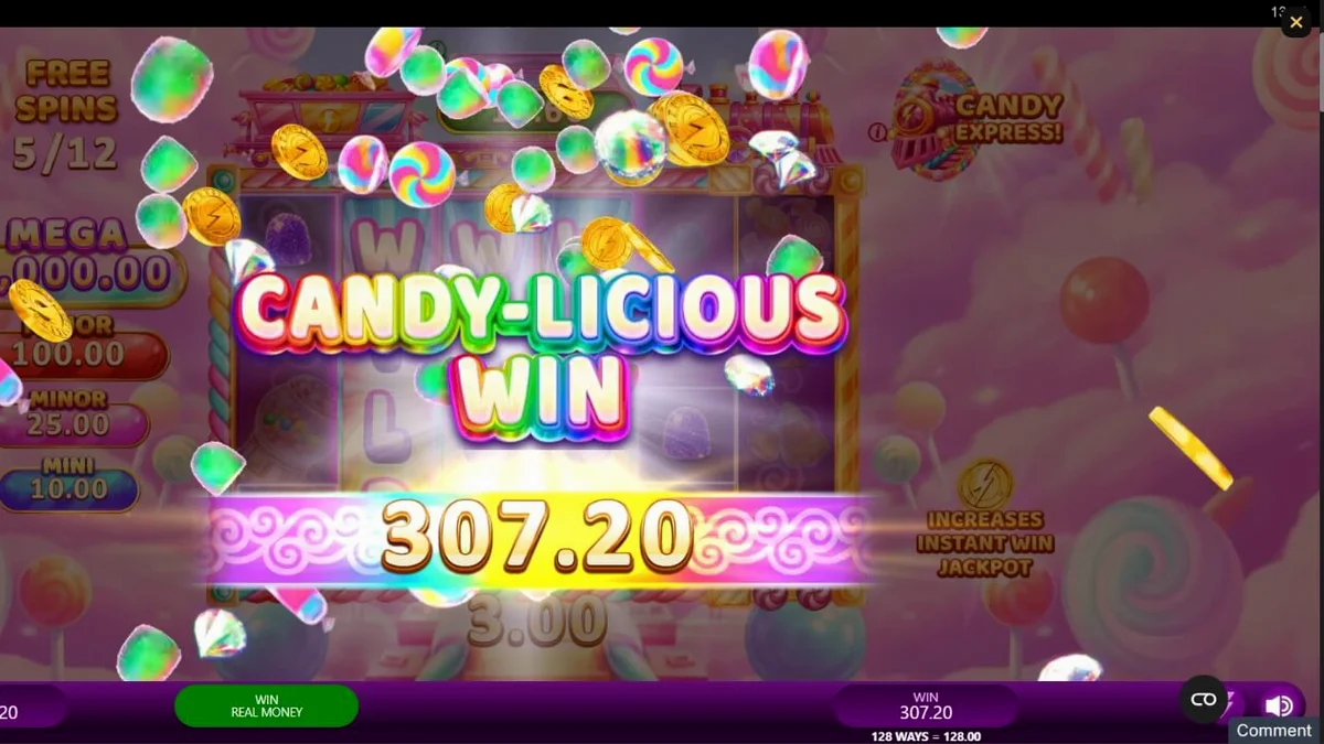 Interface vibrante e colorida do jogo Candy Express Gold Blitz