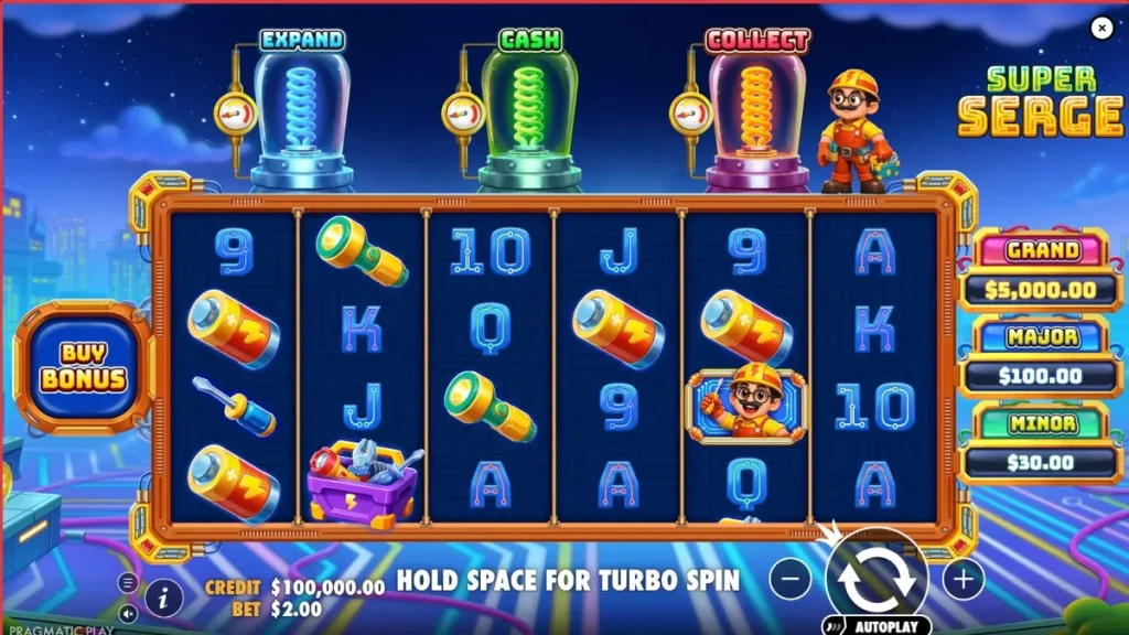 Interface do slot Super Serge com elementos neon e ferramentas de eletricista