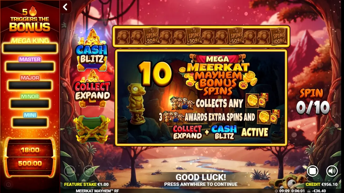 Interface do jogo de slot Meerkat Mayhem com tema de deserto e tesouros.