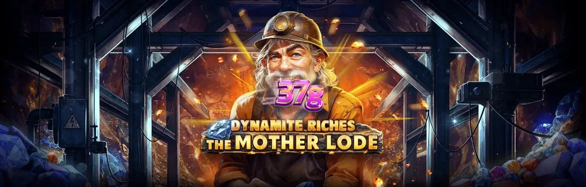 Interface do jogo Dynamite Riches The Mother Lode com elementos de mineração e ouro.